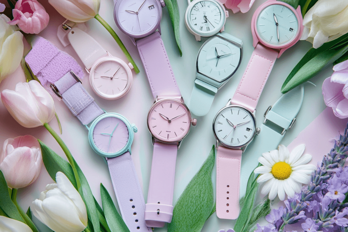 Collection of women’s spring watches in pastel colors, displayed with fresh flowers to symbolize spring fashion.