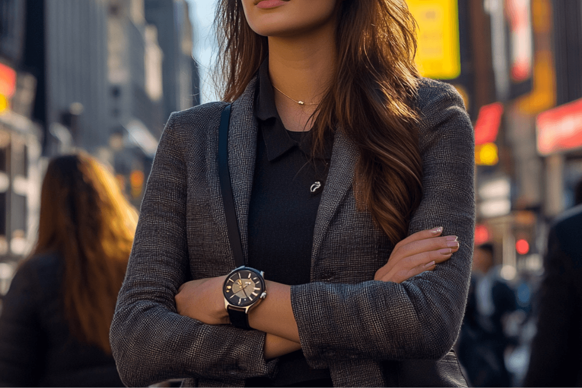 Fashionable American woman wearing a wristwatch in a city setting, symbolizing versatility in American women’s fashion