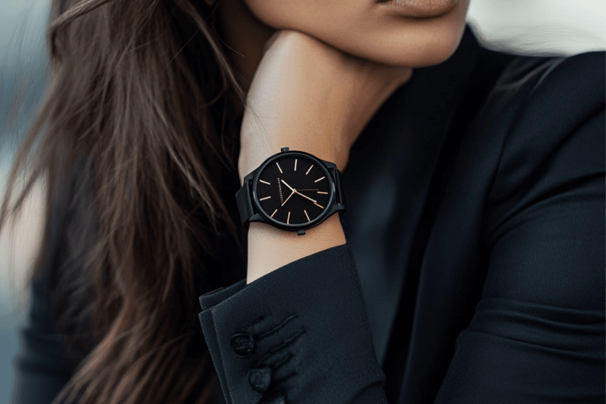 Stylish French woman wearing a wristwatch in Paris, symbolizing elegance and French fashion.